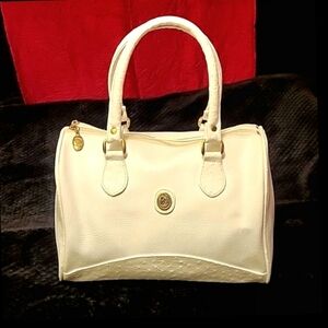 Vtg 80s Bag Bazaar White double handle faux leather crocodile chic dr bag purse